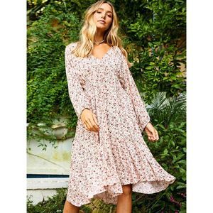 Blush Floral Long Sleeve V-Neck Midi Dress